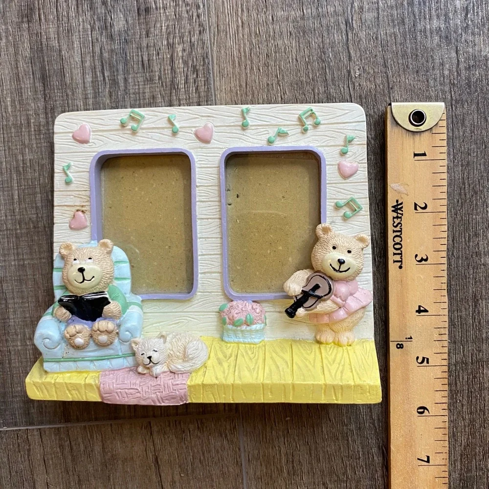 Vintage Style Teddy Bear Resin Double Photo Frame Music Theme Pastel, Cat